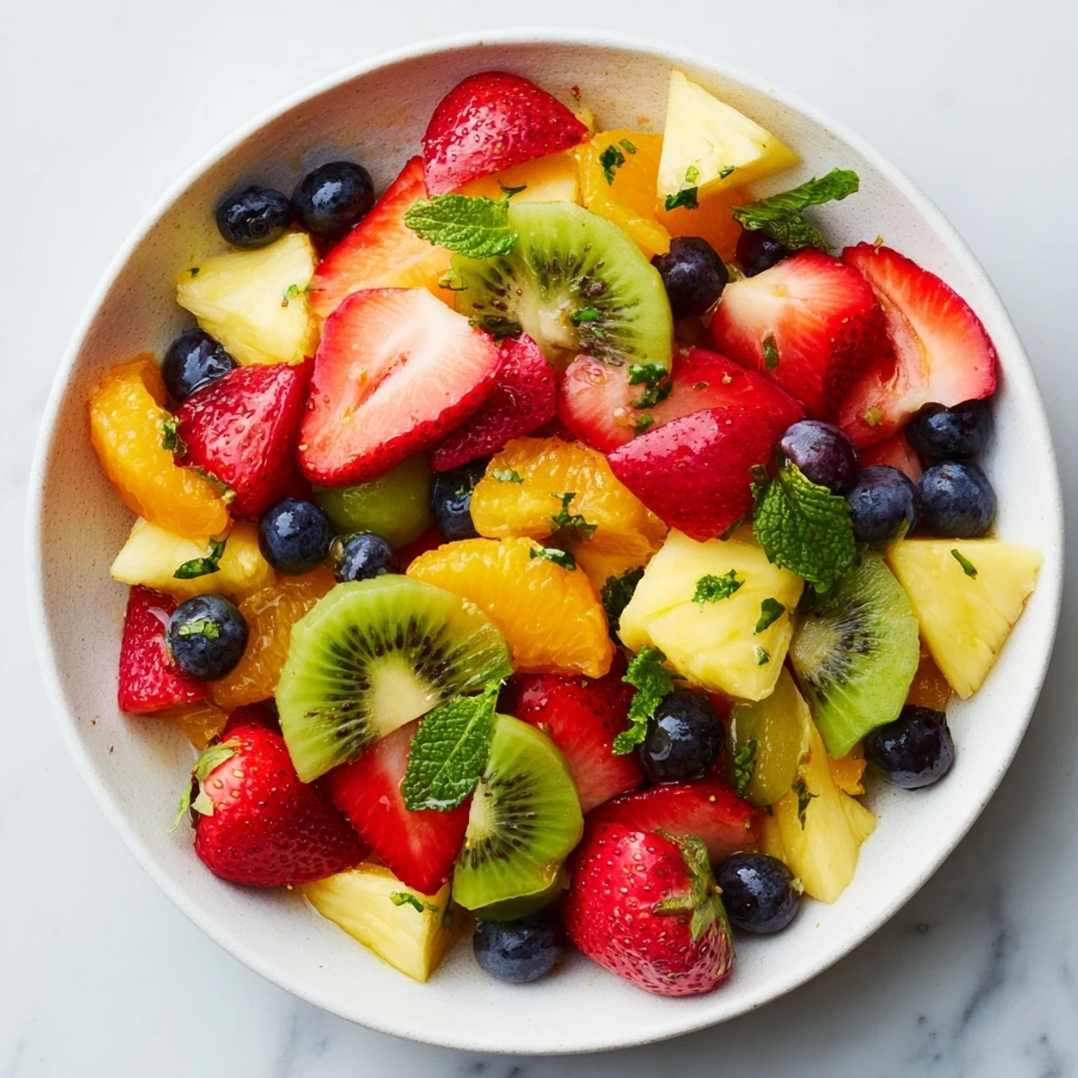 Colorful fruit bowl overflowing with fresh strawberries, blueberries, and kiwi slices