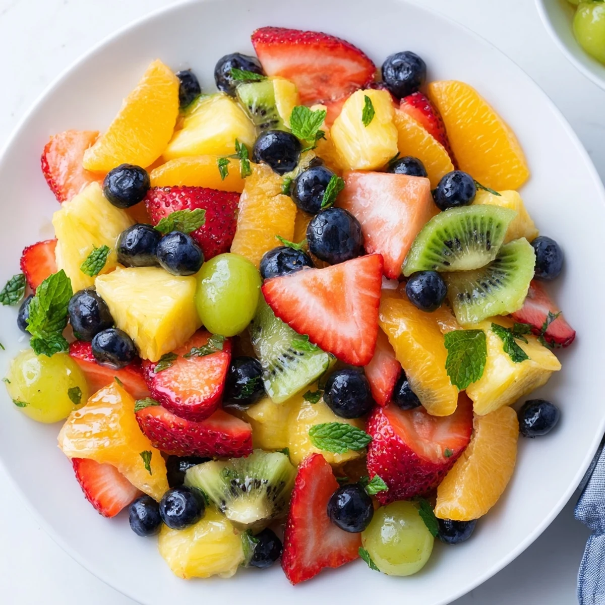 Refreshing fruit bowl arranged on a rustic wooden board beside a mint garnish