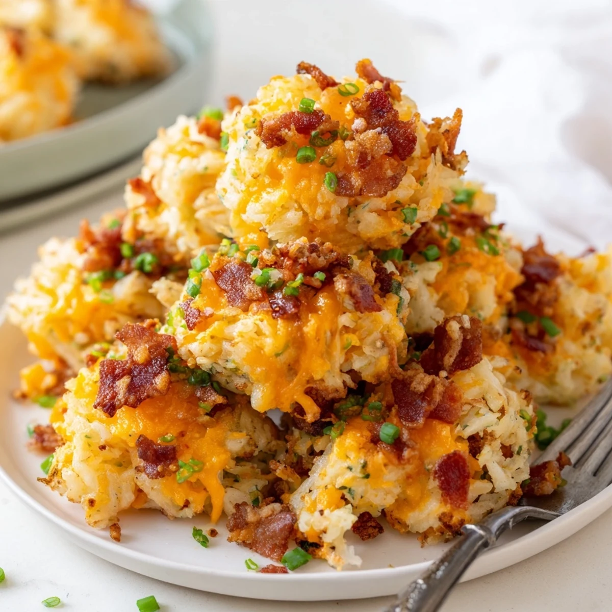 Golden cheesy loaded hashbrown bites topped with crispy bacon bits for snacking