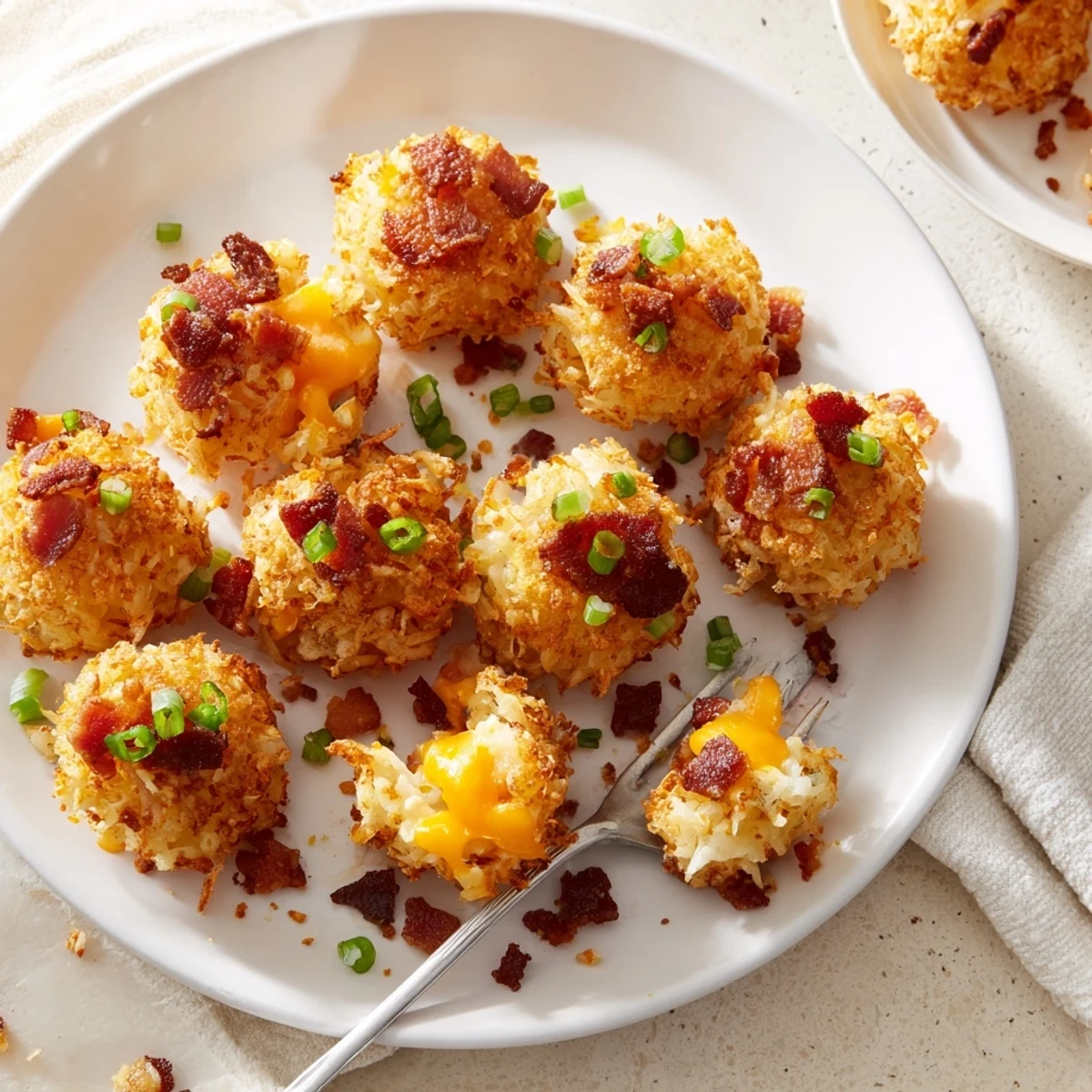 Crispy baked hashbrown bites stuffed with melted cheddar and fresh green onions