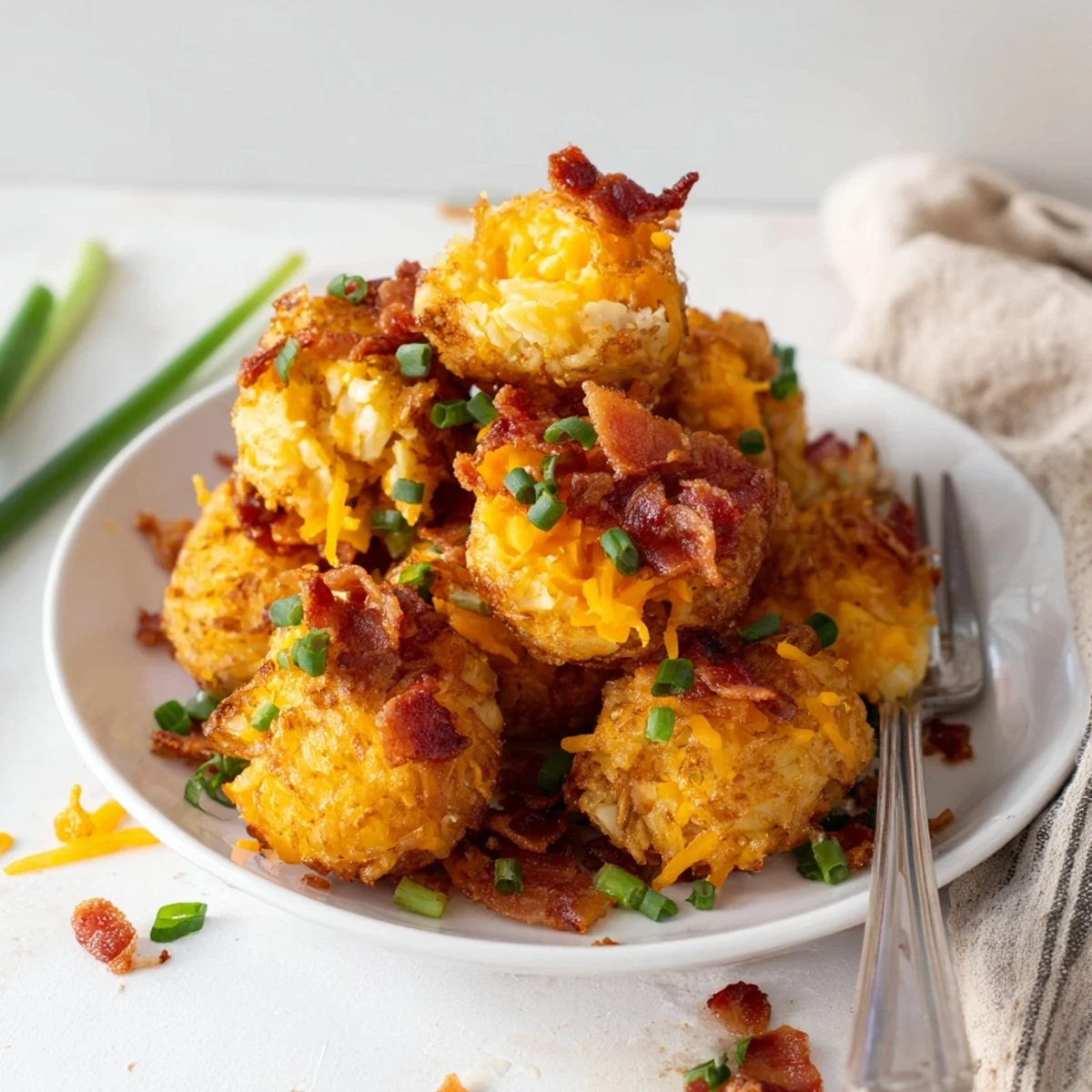 Delicious loaded hashbrown bites served warm on a white platter with sour cream