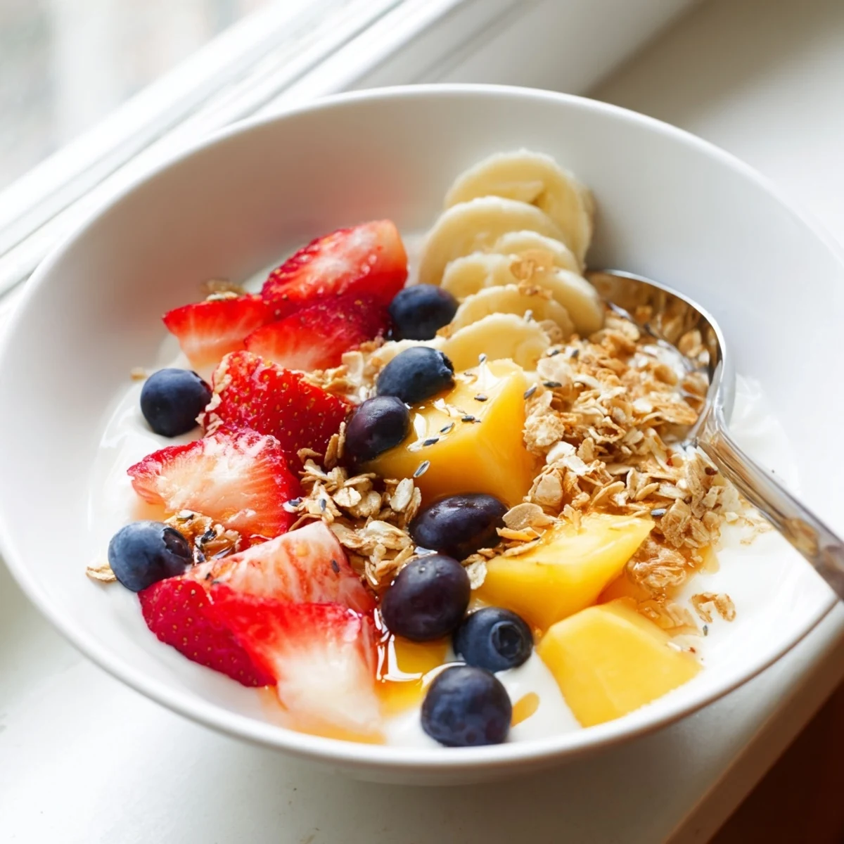 Creamy Greek yogurt bowl topped with fresh strawberries, blueberries, mango, and crunchy granola.