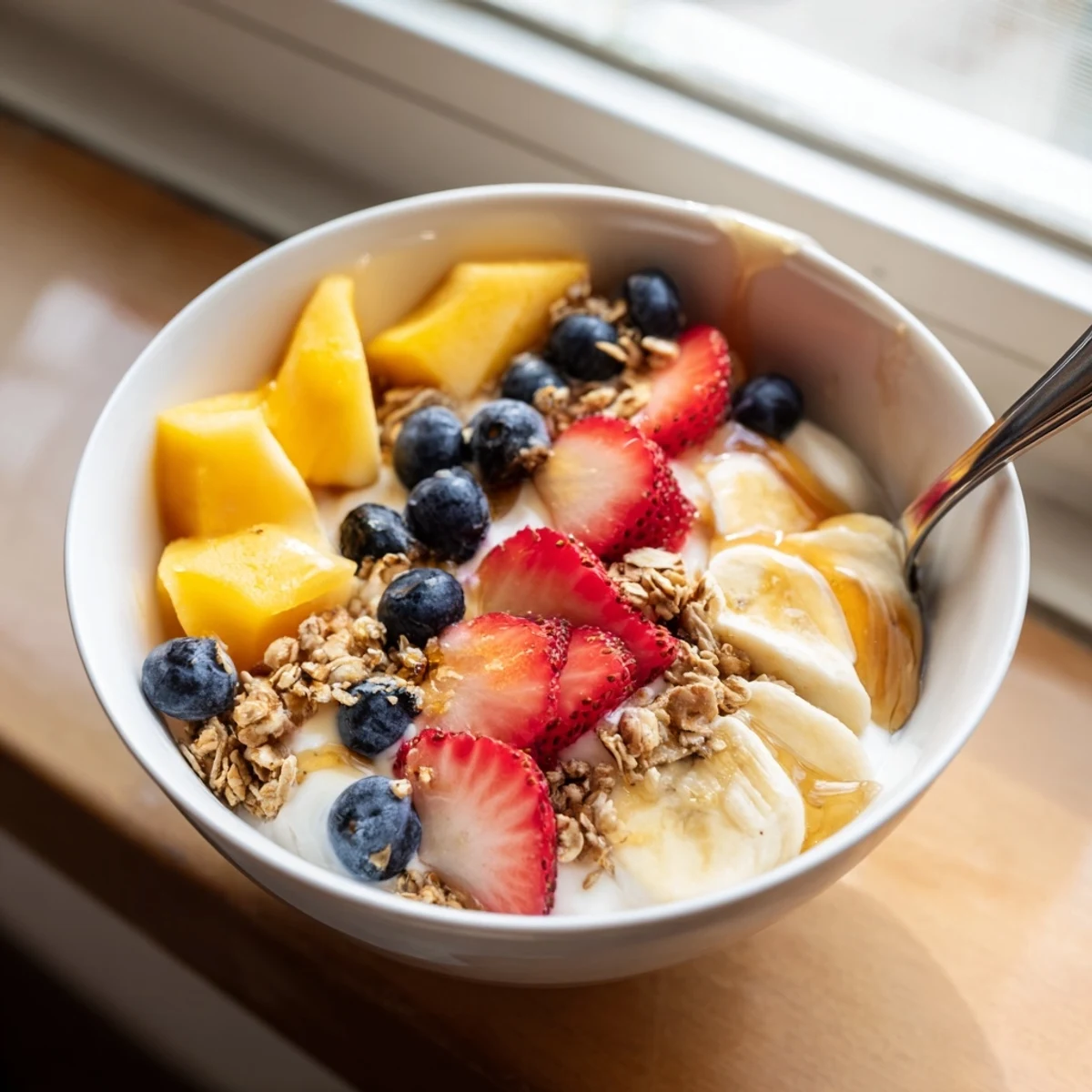 A colorful yogurt fruit bowl recipe arranged with sliced banana, berries, and chia seeds.
