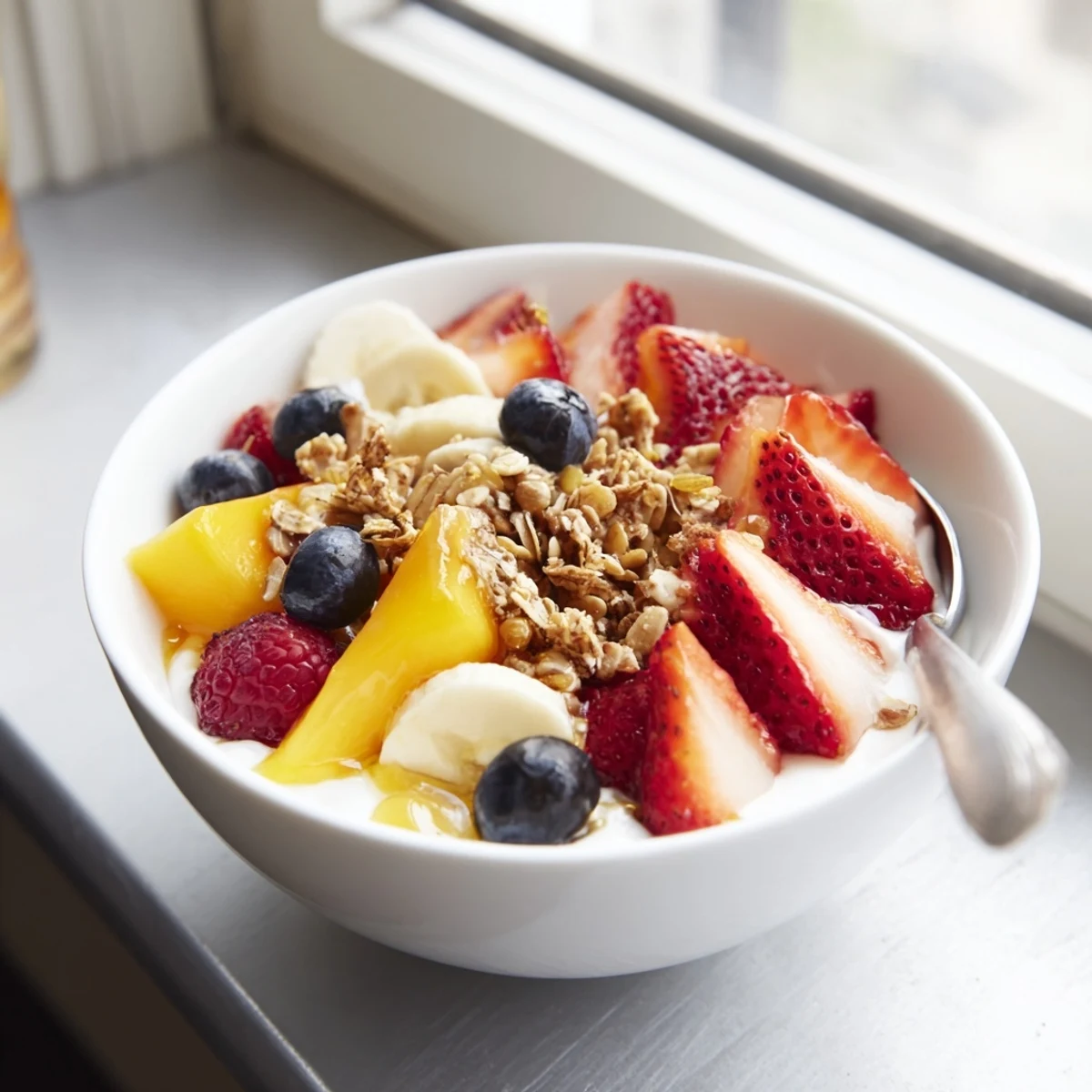 Healthy breakfast idea featuring layered yogurt with ripe fruit and a honey drizzle.