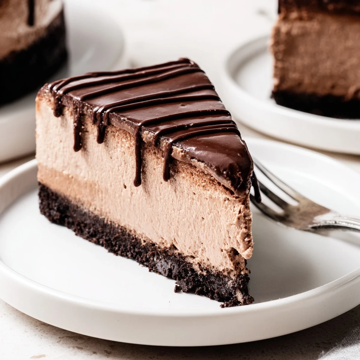 Rich Oreo chocolate cheesecake featuring a crunchy dark crust and creamy chocolate filling
