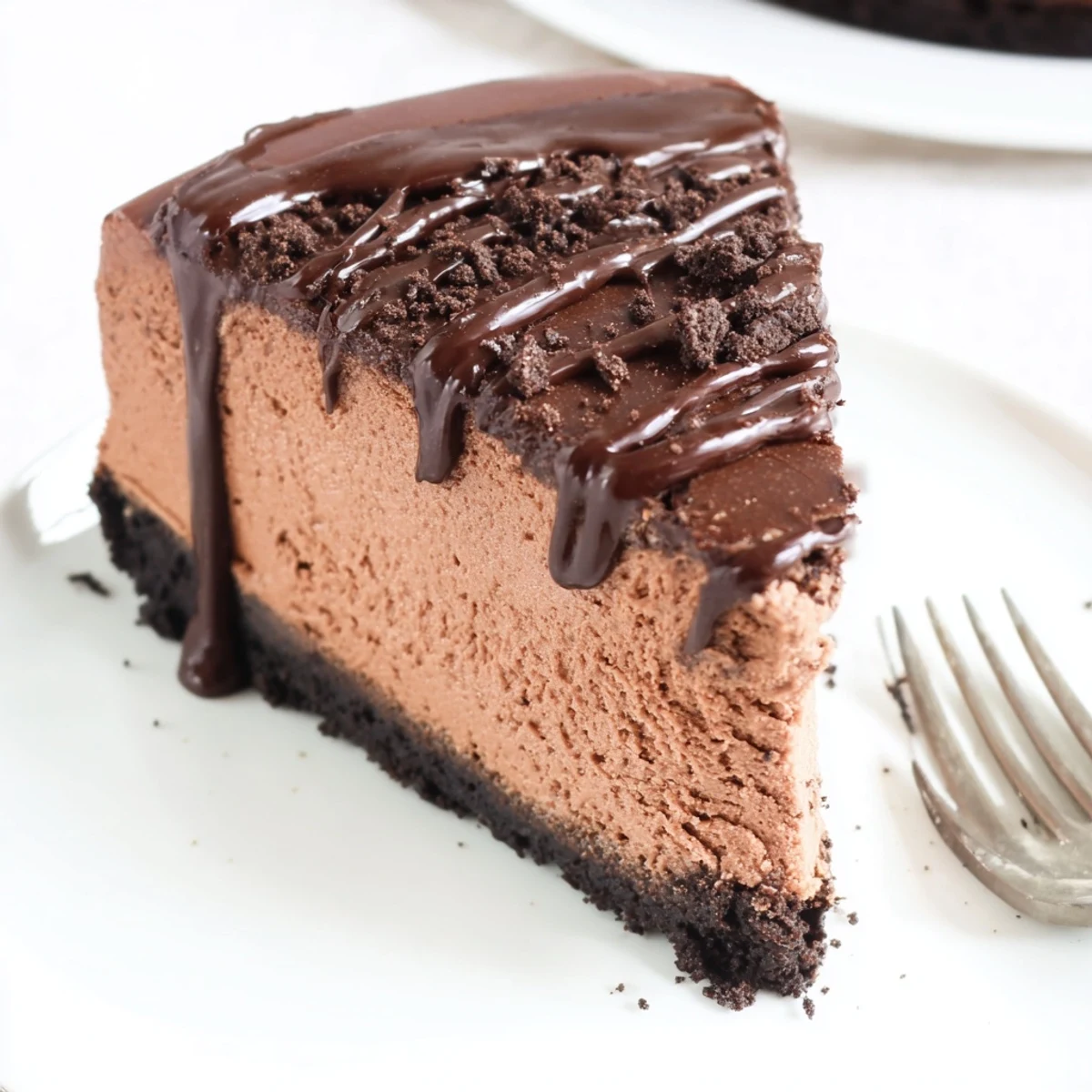 Slice of Oreo chocolate cheesecake on a white plate with chocolate ganache topping