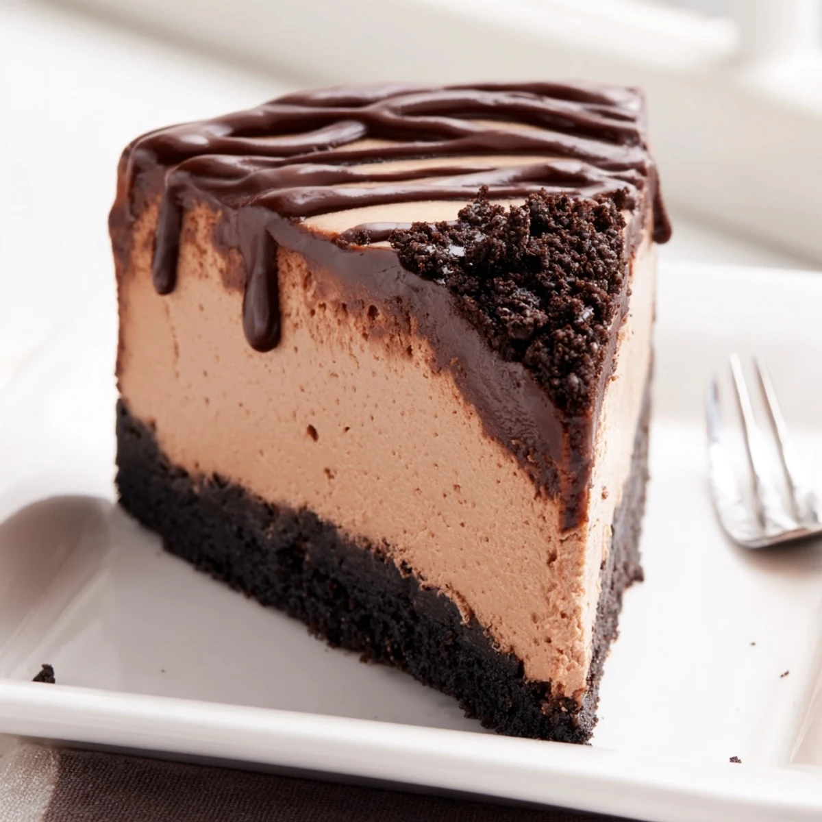 Decadent Oreo chocolate cheesecake topped with smooth ganache and crushed cookie crumbs