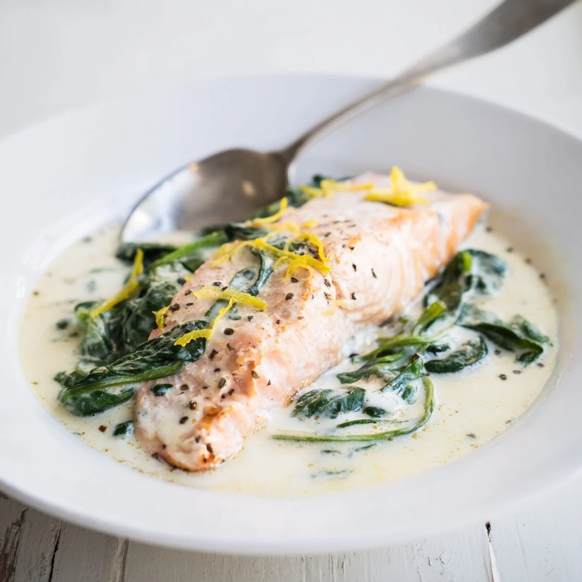 Flaked leftover salmon simmered in a velvety sauce with spinach and juicy tomatoes.