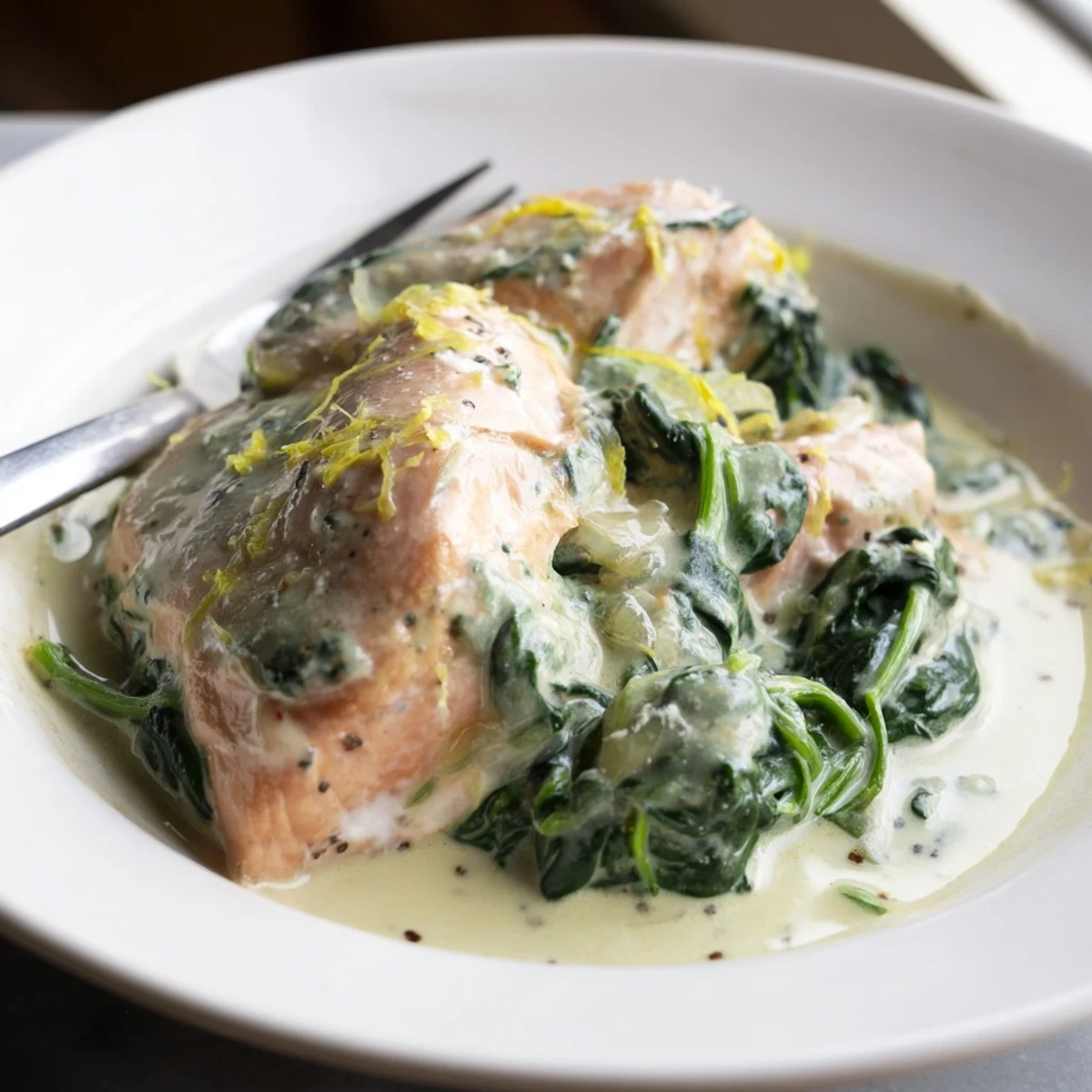 Creamy salmon recipe plated with fresh dill and lemon zest for a healthy dinner.