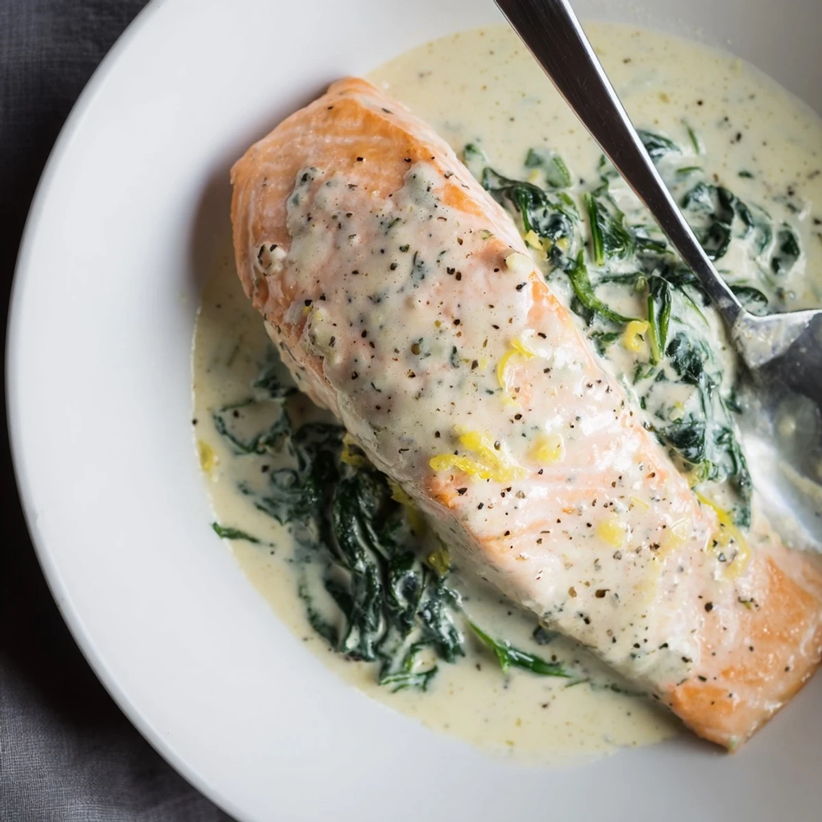 A skillet of healthy creamy leftover salmon served hot over rice with chives.