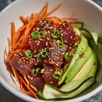 Spicy tuna poke bowl topped with cucumber, carrot, edamame, and nori strips, drizzled with spicy mayo for a fresh, vibrant meal.