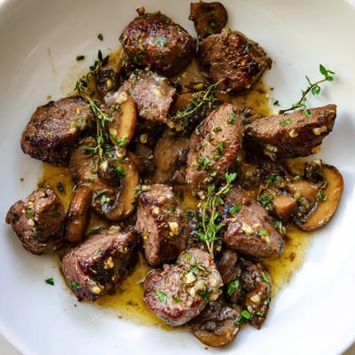 A close-up view of tender Garlic Butter Steak Bites with Mushrooms coated in a rich, bubbling garlic butter sauce.