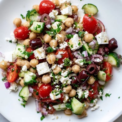 Colorful Mediterranean Chickpea salad tossed in zesty lemon-oregano dressing, served as a vibrant vegetarian side dish for lunch.
