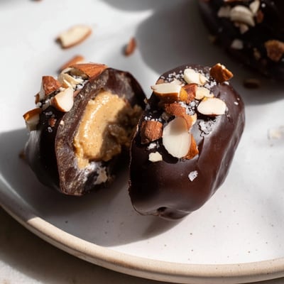 Four Chocolate Covered Dates Stuffed with Almond Butter arranged on a marble slab with flaky sea salt and an almond garnish. 