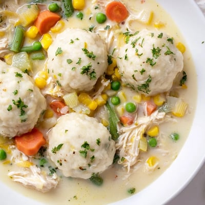 A close-up of slow cooker chicken and dumplings with vegetables, showcasing golden dumplings atop a thick, savory broth filled with carrots and peas.