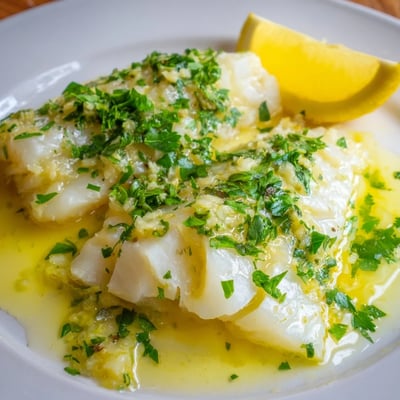 Freshly baked cod fillets topped with melted garlic butter and chopped parsley, served hot on a white plate for a healthy dinner.