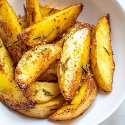A close-up of crispy-edged Lemon Potatoes with Fresh Rosemary showing tender insides, served alongside grilled salmon and roasted vegetables.