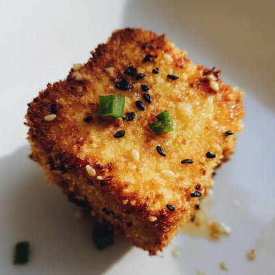 Perfectly golden Crispy Air Fryer Tofu garnished with sesame seeds and green onions, ready to enjoy with spicy mayo.