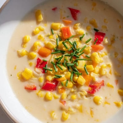 A spoonful of velvety Creamy Corn Chowder with Peppers reveals tender potatoes and colorful bell peppers in a smoky, golden broth.  