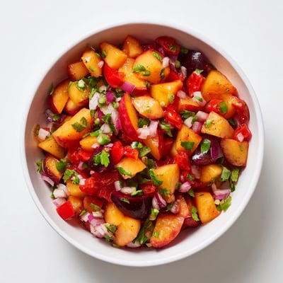 Healthy Peach Cherry Salsa featuring diced peaches and cherries, jalapeño and lime zest, fresh cilantro, served chilled as a dip or taco topping.