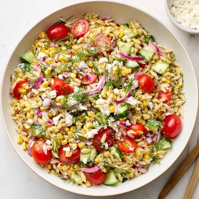 A close-up of Grilled Corn Orzo Salad with Scallion Dill Dressing, showcasing juicy tomatoes and crumbled feta.
