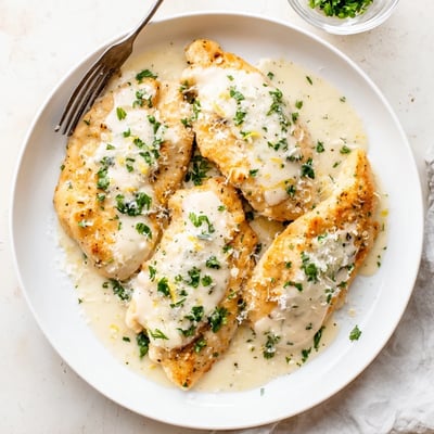 Tender chicken slices in a skillet of creamy lemon-parmesan sauce ready to be served over pasta or rice.
