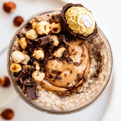 Enjoying a spoonful of Ferrero Rocher Protein Overnight Oats with creamy texture and rich chocolate drizzle.