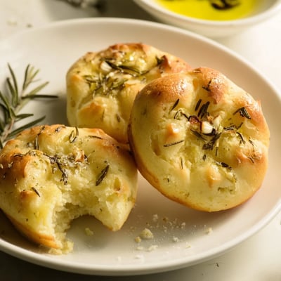 Warm garlic rosemary focaccia muffins drizzled with olive oil and flaky salt