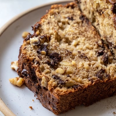 Warm super moist banana bread topped with chopped walnuts beside a steaming coffee mug