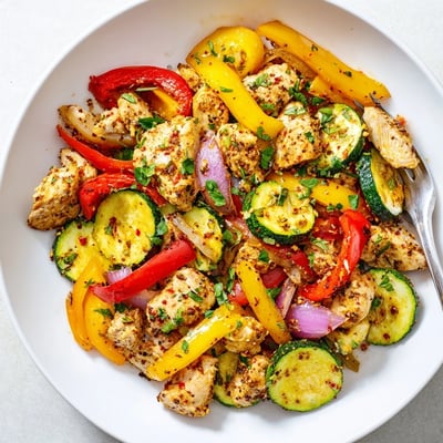 Juicy seasoned chicken nestled beside tender zucchini in this quick flavorful one pan dish.