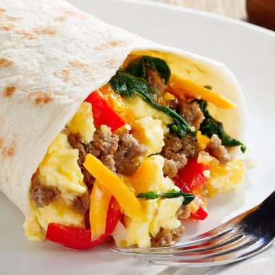 Warm make-ahead freezer breakfast burritos filled with cheesy egg and sausage on a plate