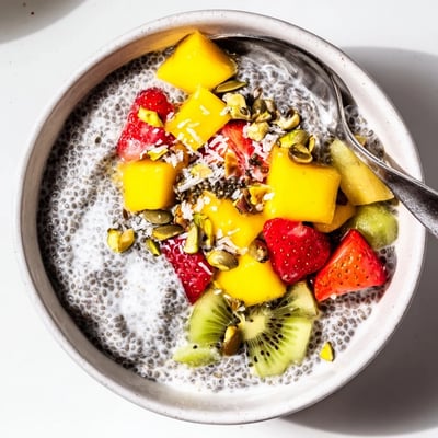 Creamy Coconut Chia Pudding layered in glass, garnished with berries and nuts.