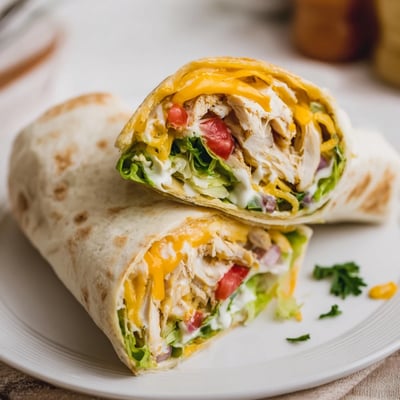 Warm Cheesy Garlic Chicken Wraps sliced in half, melty cheese oozing