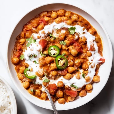 Warm Greek Yogurt Chickpea Curry with spiced tomato aroma, served with naan