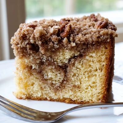 Warm slice of Cinnamon Pecan Crunch Coffee Cake showing tender crumb and spiced pecan layers