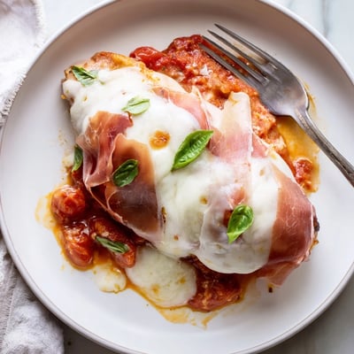 Crispy chicken Valdostana layered with prosciutto and bubbling cheese over a rustic white wine sauce