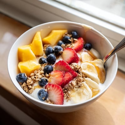 A colorful yogurt fruit bowl recipe arranged with sliced banana, berries, and chia seeds.